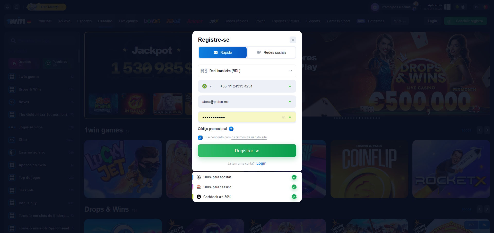 Registrar-se no casino online 1Win