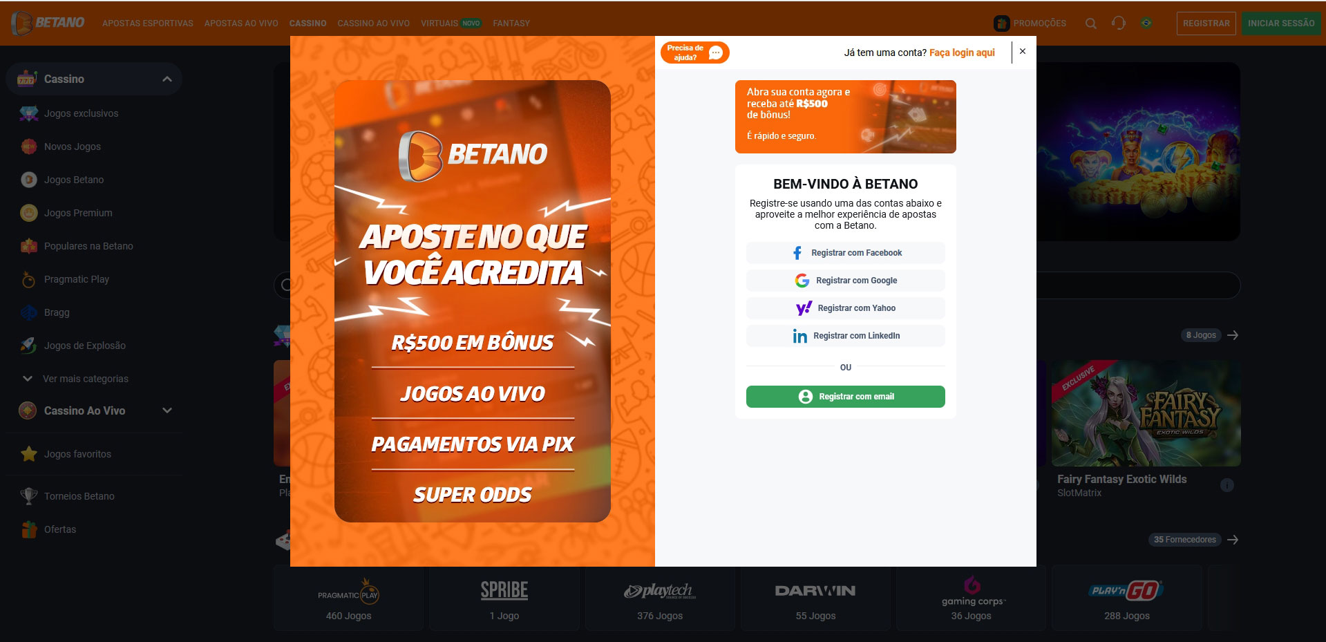 Registrar-se no cassino online Betano