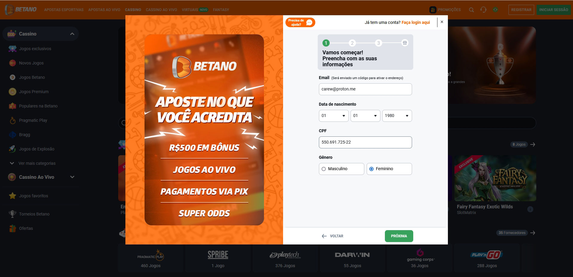 Registrar-se no cassino online Betano