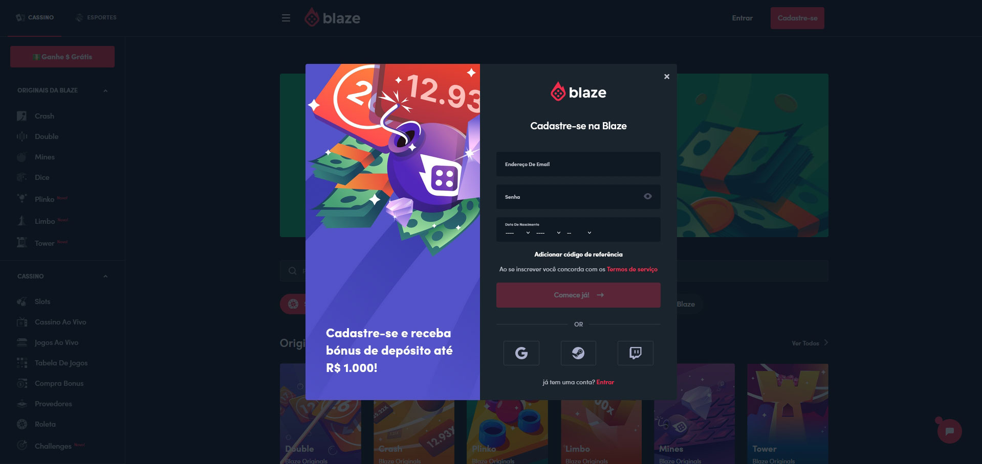 Registrar-se no cassino online Blaze