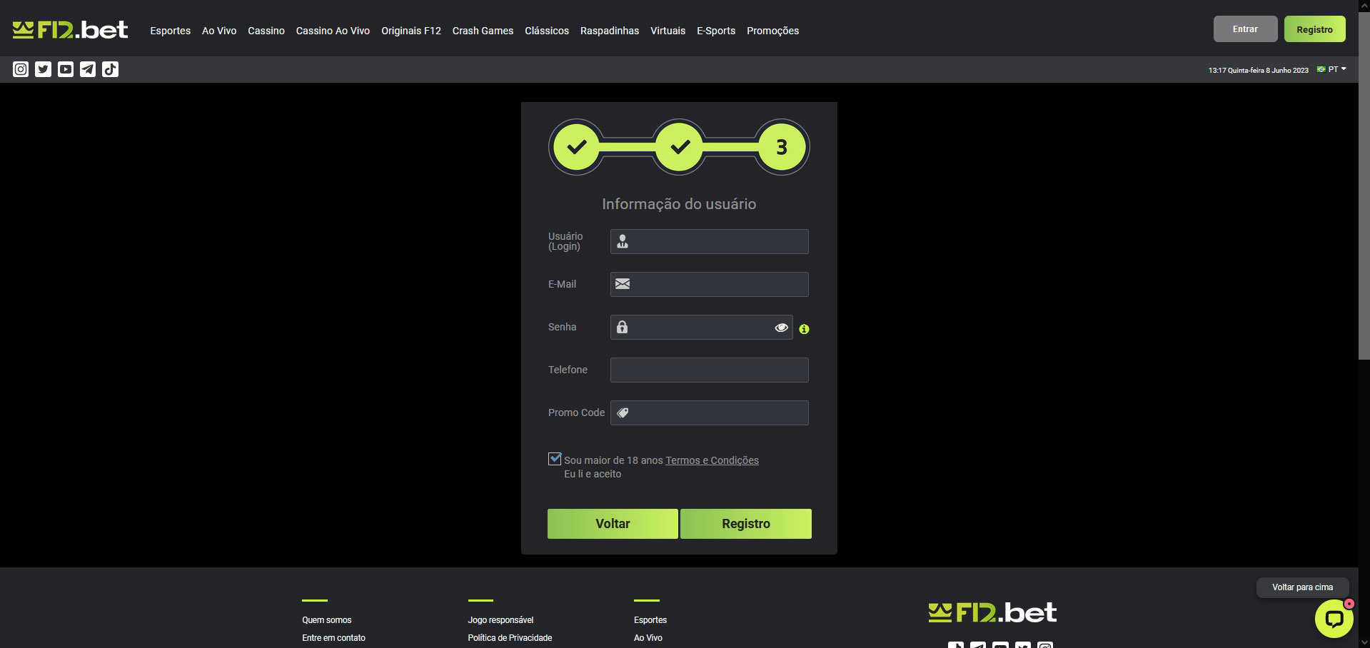 Registrar-se no cassino online F12 Bet